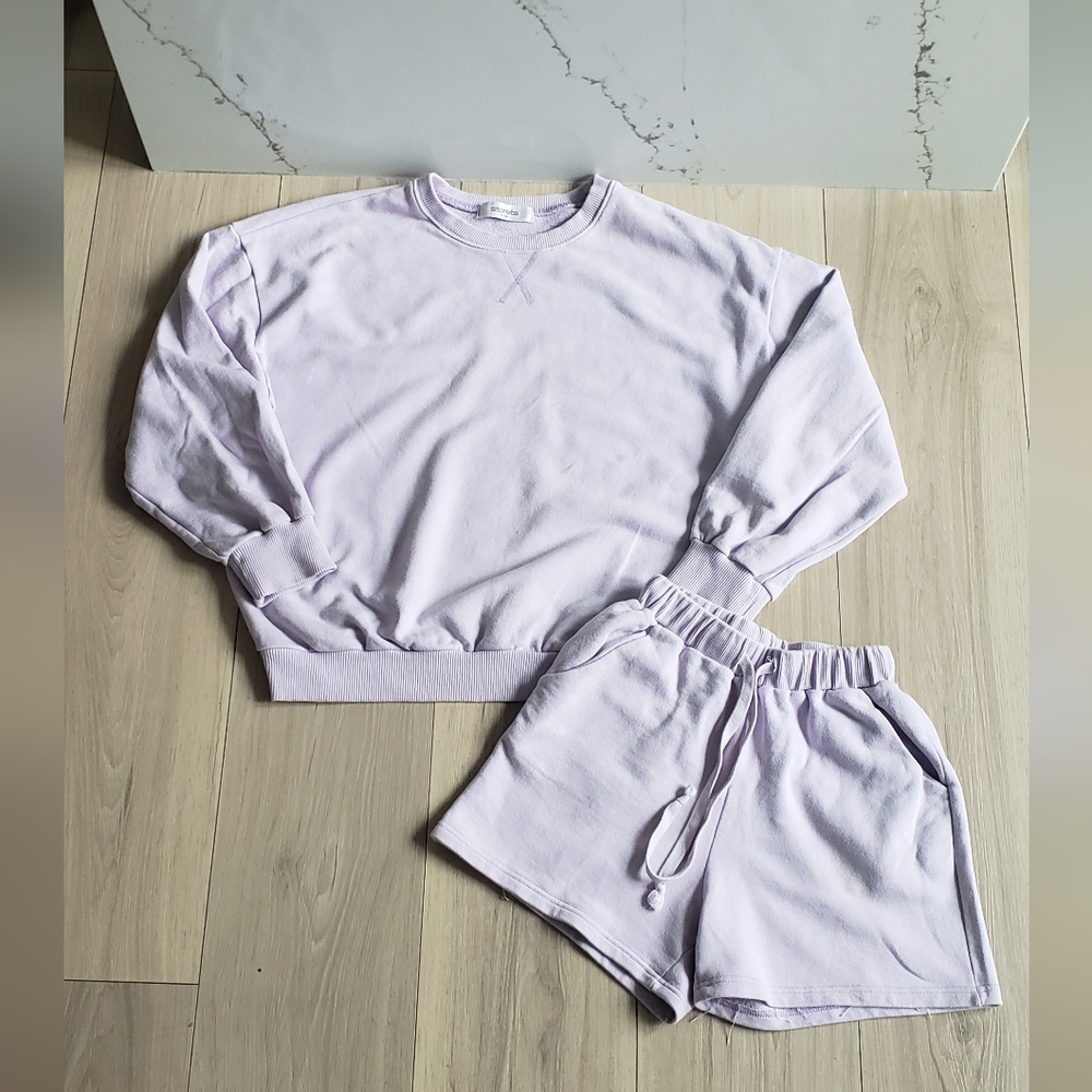 Storets 2pc Set Women S/M Lilac Purple Fleece Sweatshirt Shorts Sweatsuit